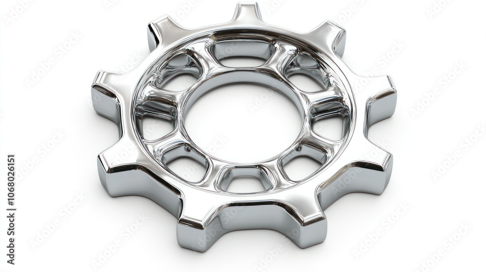 High-quality 3D render of a chrome gear icon, top view, against a bright white background. High-quality 3D render of a chrome gear icon, top view, against a bright white background.