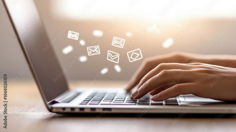 Hands typing on laptop with email icons floating above, symbolizing communication Hands typing on laptop with email icons floating above, symbolizing communication