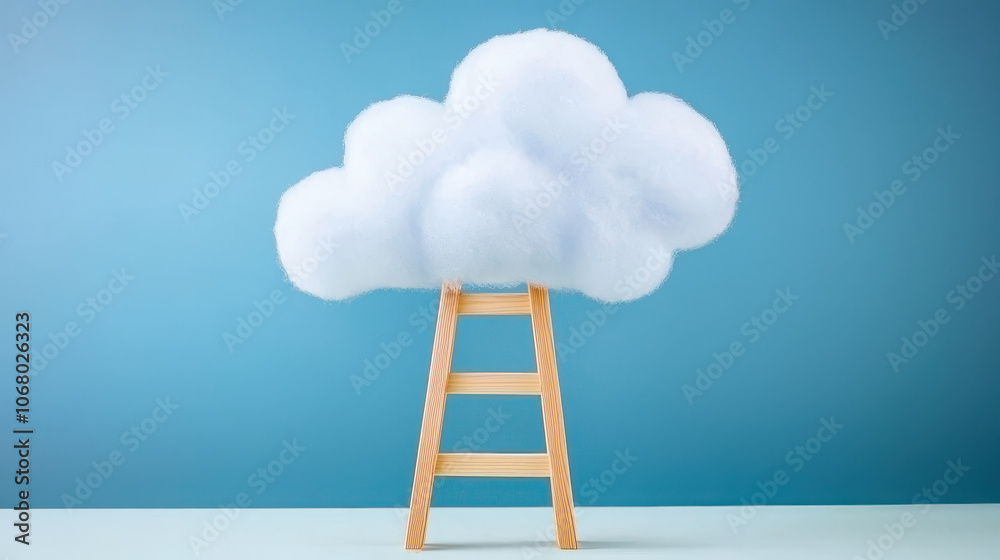 fluffy cloud on wooden ladder against blue background, symbolizing creativity and dreams fluffy cloud on wooden ladder against blue background, symbolizing creativity and dreams