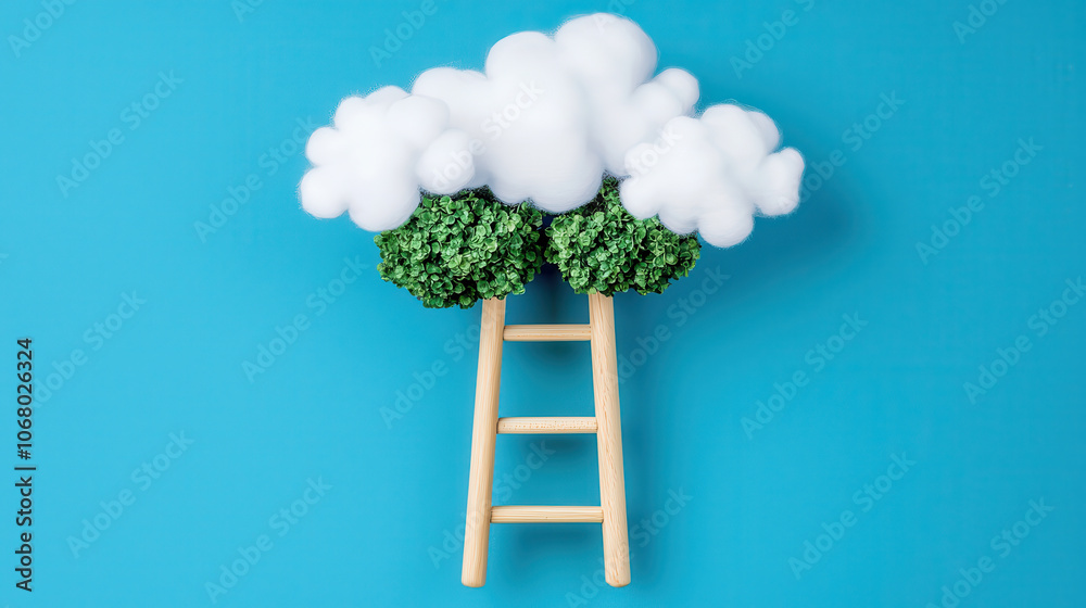 Creative ladder with clouds and greenery symbolizes growth and dreams Creative ladder with clouds and greenery symbolizes growth and dreams