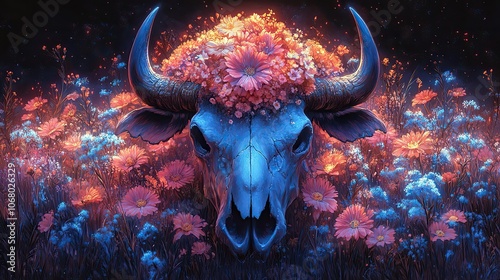 Buffalo skull with flowers in a psychedelic illustration, offering a mystical design for Halloween or ethnic decor.