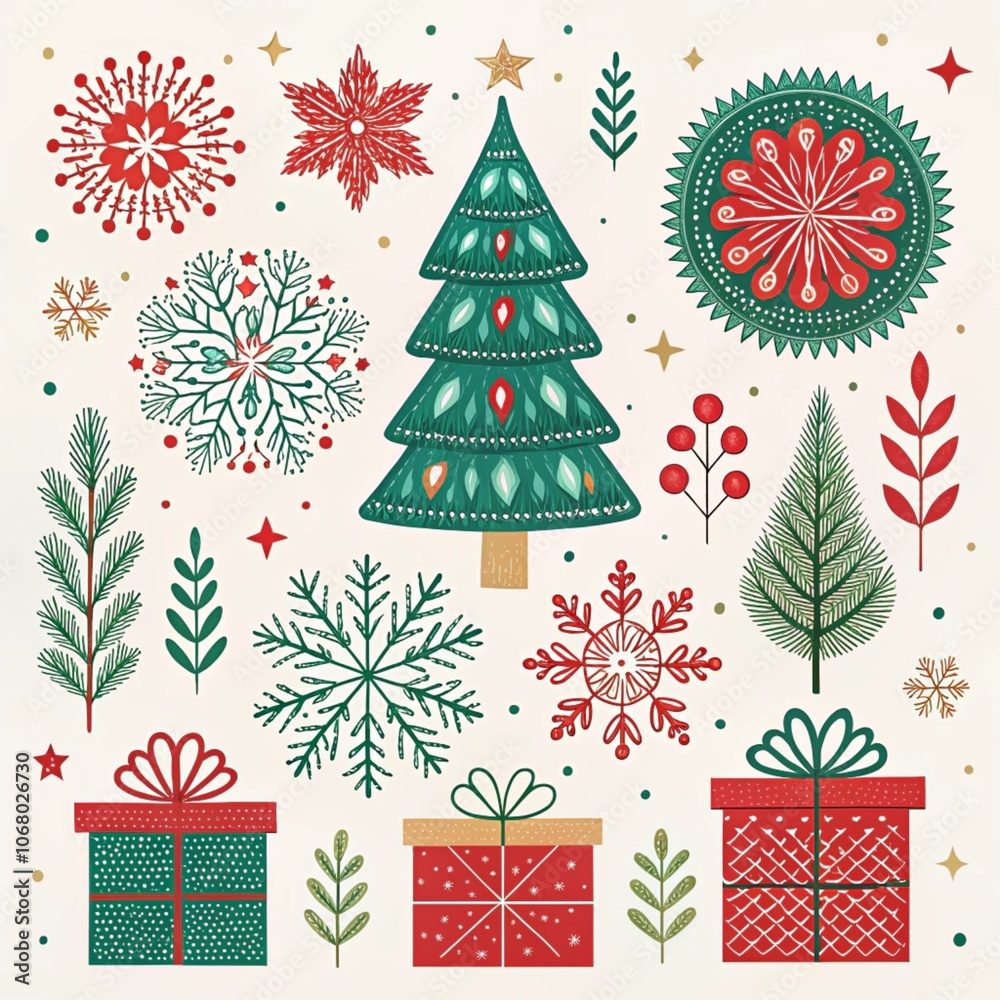 a christmas scene with a red background with a christmas tree and decorations. a christmas scene with a red background with a christmas tree and decorations.
