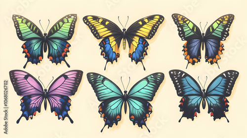 Set of six colorful butterflies in a row.