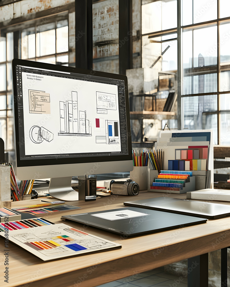 A clean and organized workspace with a computer, graphic tablet, and color palettes on a desk. A clean and organized workspace with a computer, graphic tablet, and color palettes on a desk.