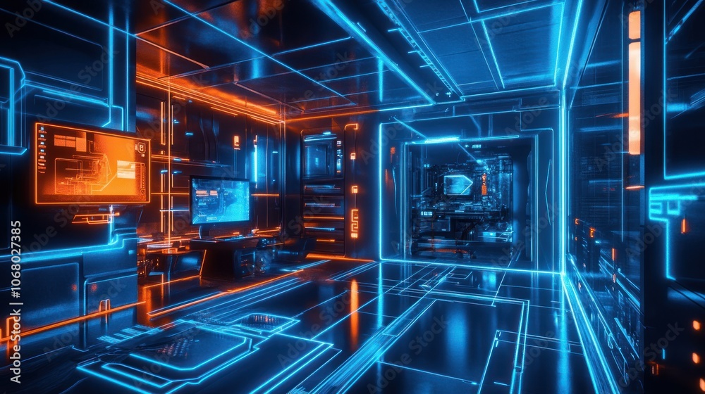 A futuristic, abstract, neon-lit room with glowing blue and orange lines, and a computer setup in the background. A futuristic, abstract, neon-lit room with glowing blue and orange lines, and a computer setup in the background.