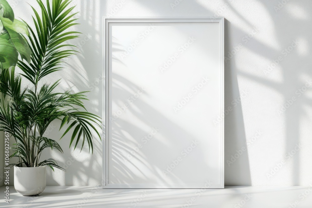 A minimalistic interior featuring a blank frame and a potted plant, illuminated by soft sunlight casting shadows on a white wall.