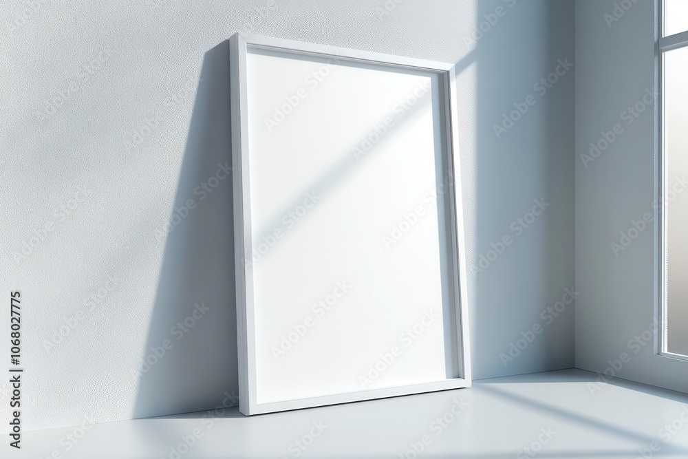 A blank white frame occupies a sunlit corner, emphasizing minimalism and tranquility in a modern interior setting. A blank white frame occupies a sunlit corner, emphasizing minimalism and tranquility in a modern interior setting.