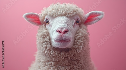 Close-up of a sheep's head against a pastel pink background, symbolizing farming, ideal for agriculture-themed posters or banners.