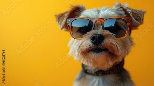 Close-up of a terrier dog wearing sunglasses on a bright yellow background, portraying a fun and fashionable pet. photo