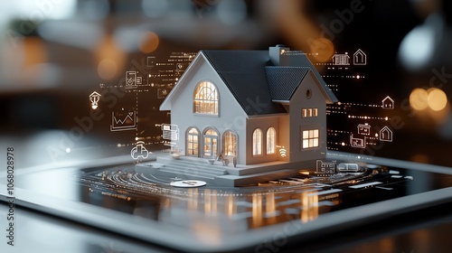 3D bar graph of property loan amortization layered with house icon, data visualization for real estate