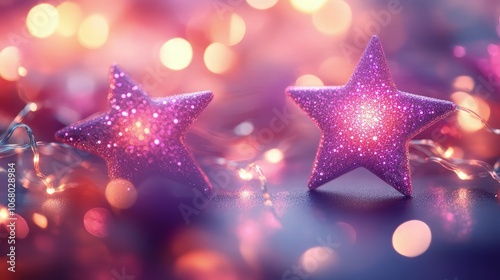 A vivid abstract bokeh background featuring bright pink and purple glitter stars, surrounded by glowing soft lights in various hues, giving a vibrant yet delicate sparkle. photo