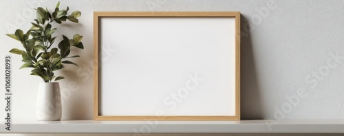 A minimalist framed picture rests on a light shelf beside a green plant, creating a serene and stylish home decor setting.
