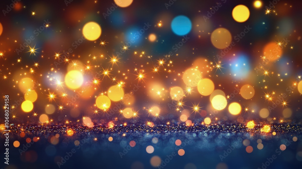 An abstract bokeh light background with shimmering golden glitter stars, creating a soft glow with colorful, blurred circles of light for a dreamy, magical atmosphere. An abstract bokeh light background with shimmering golden glitter stars, creating a soft glow with colorful, blurred circles of light for a dreamy, magical atmosphere.