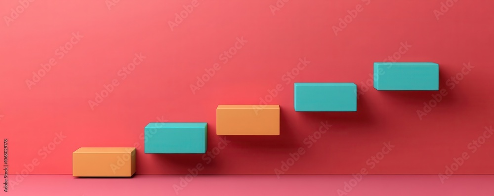 Obraz premium A series of colorful blocks arranged in ascending order against a red background, symbolizing growth and progress.