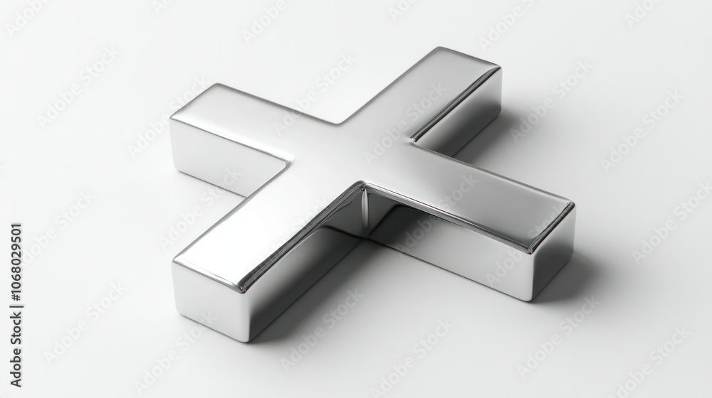 Obraz premium Minimalist 3D render of a metallic cross, isolated on a white background, with a sleek silver surface.