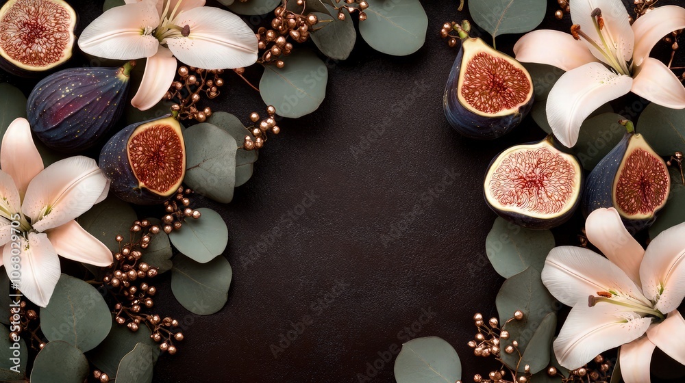 An autumn banner with dark halved figs placed alongside metallic rose gold eucalyptus and pale pink cala lily flowers, set on a dark chocolate-colored background. An autumn banner with dark halved figs placed alongside metallic rose gold eucalyptus and pale pink cala lily flowers, set on a dark chocolate-colored background.