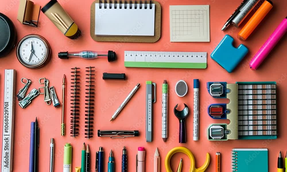 Assorted Stationery Items Arranged on a Pink Surface Assorted Stationery Items Arranged on a Pink Surface