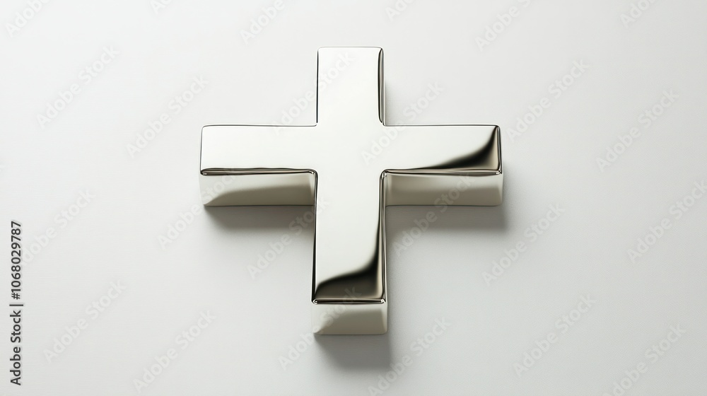 Obraz premium Minimalist 3D silver cross, top view, isolated on a clean white background with a polished, reflective surface.