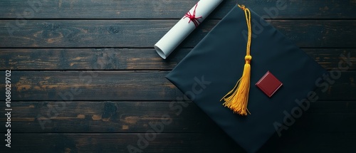 A black graduation cap with a yellow tassel and red square design on the front, placed beside a rolled diploma scroll, symbolizing academic achievement.  photo