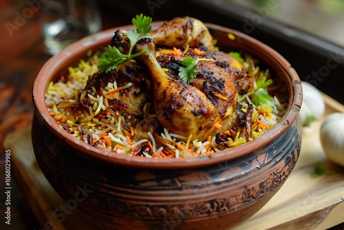 Chicken Biryani in clay pot on a dark background. photo