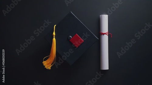 A black graduation cap with a yellow tassel and red square design on the front, placed beside a rolled diploma scroll, symbolizing academic achievement.  photo