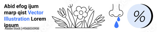 Flower allergens, sneezing nose with blue droplet, and percentage symbol. Ideal for medical info, health awareness, seasonal changes, allergy tips, environmental studies, educational content