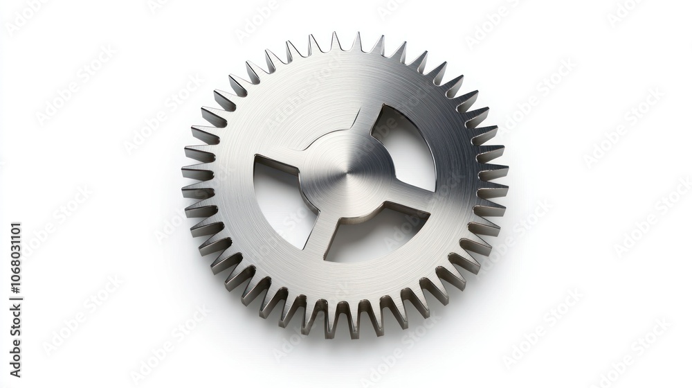 Modern silver gear icon with polished metal surface, isolated on white background, top view. Modern silver gear icon with polished metal surface, isolated on white background, top view.