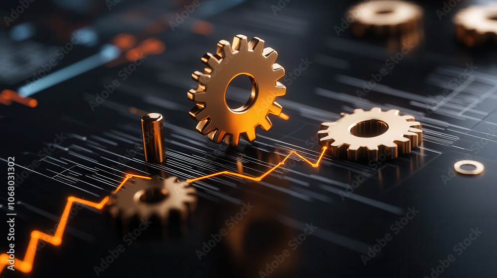 Golden gears on dark background symbolize teamwork and progress, showcasing network of interconnected mechanisms driving success Golden gears on dark background symbolize teamwork and progress, showcasing network of interconnected mechanisms driving success