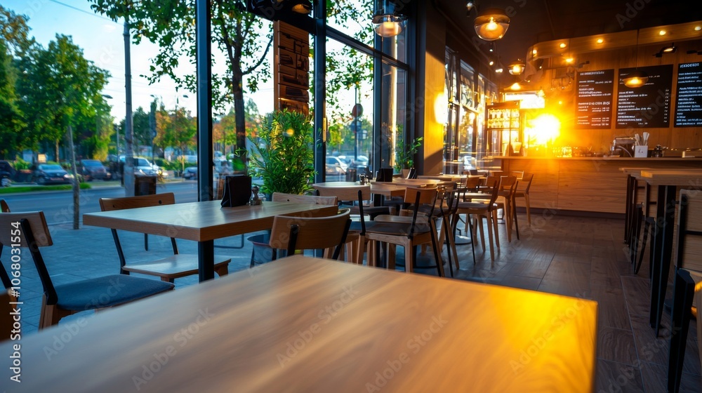 Fototapeta premium Bright and Modern Cafe Interior at Sunset