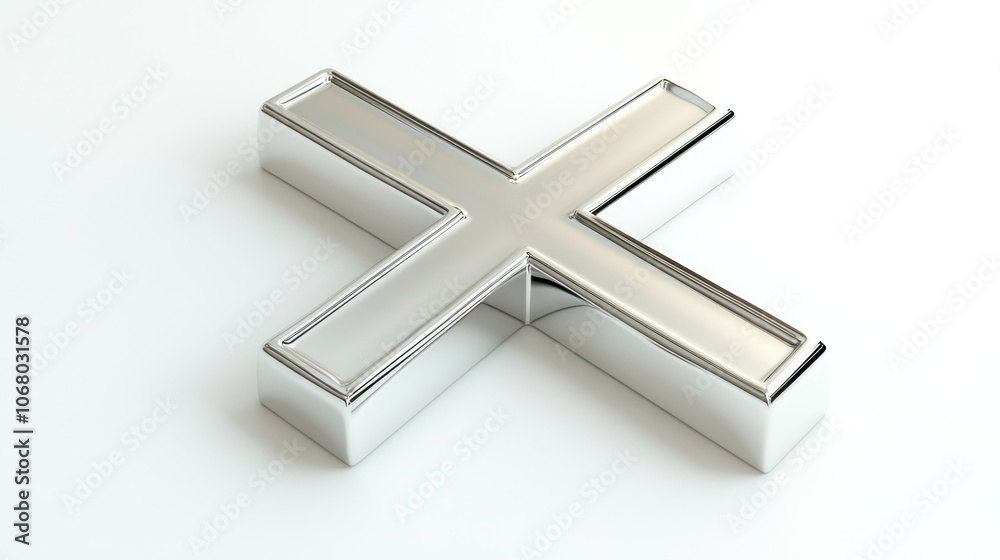 Fototapeta premium Polished silver cross, 3D rendered and top-viewed, isolated on a white background for a clean design.