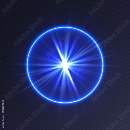 Blue light flare, glowing shiny sparkle, lens flare effect, bright glimmering glare. Vector illustration.