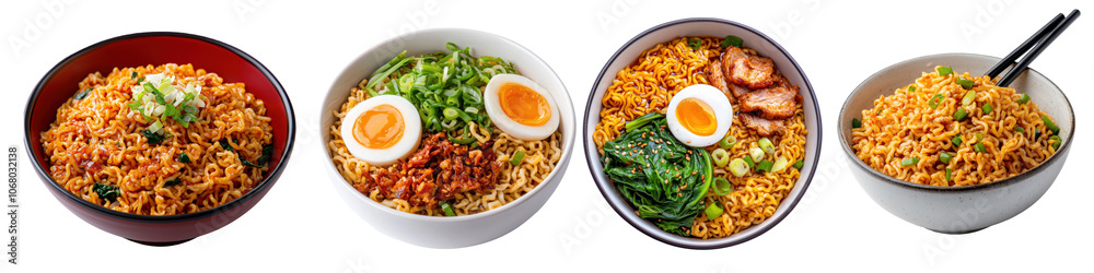 Delicious bowls of ramen noodles with fresh ingredients on a white isolated background. Delicious bowls of ramen noodles with fresh ingredients on a white isolated background.