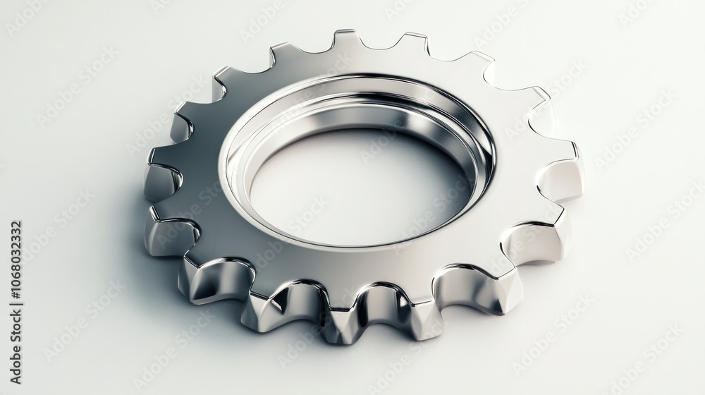 Shiny 3D silver gear icon with a polished surface, displayed from a top perspective on white. Shiny 3D silver gear icon with a polished surface, displayed from a top perspective on white.