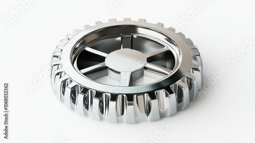 Shiny 3D silver gear icon with a polished surface, displayed from a top perspective on white.