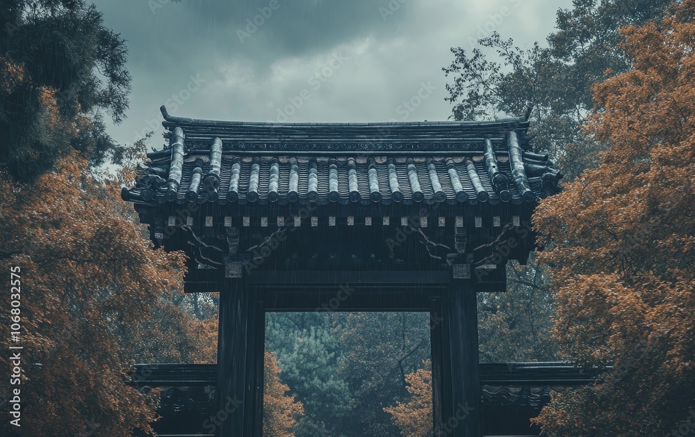Obraz premium A serene traditional gate surrounded by autumn foliage under a moody sky.