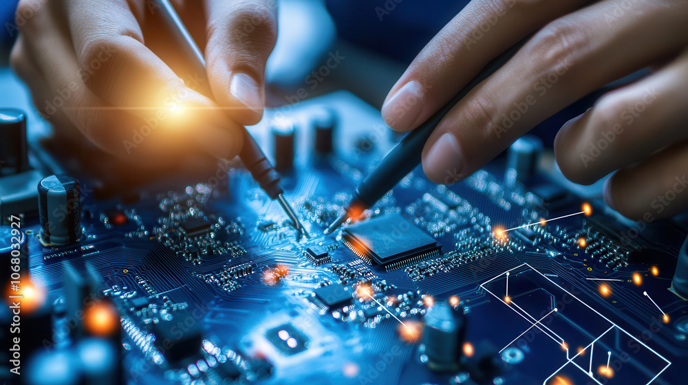 technician focused on repairing circuit board with precision tools, showcasing intricate electronic components and glowing connections technician focused on repairing circuit board with precision tools, showcasing intricate electronic components and glowing connections