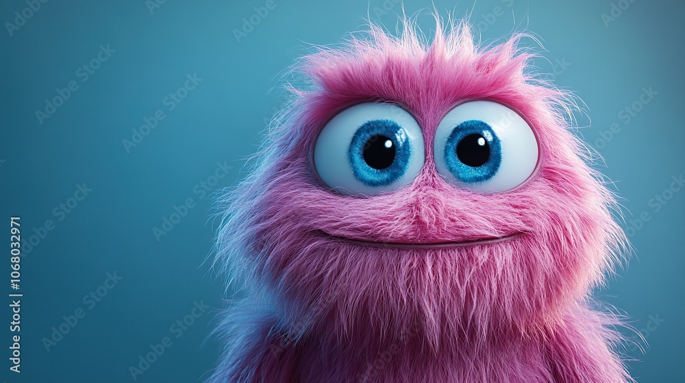 Obraz premium Cute fluffy monster character isolated on a bright blue background, perfect for a fun Halloween character banner design.