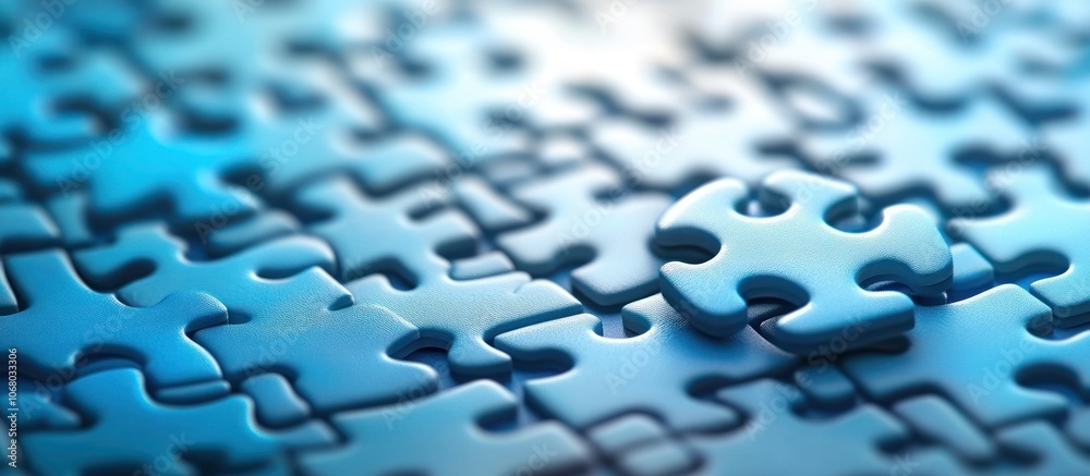 Close-up of a blue puzzle with one piece slightly raised. Close-up of a blue puzzle with one piece slightly raised.