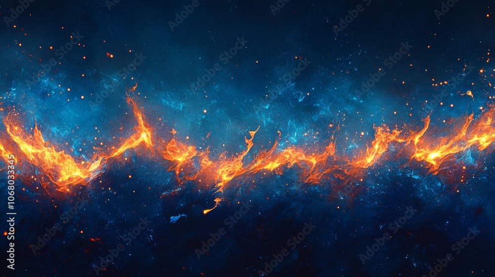 42.Blue flames rise from the bottom of the frame, their glowing edges flickering with bright orange sparks. The flames have a horizontal flow, their radiant heat softened by the cool tones of the 42.Blue flames rise from the bottom of the frame, their glowing edges flickering with bright orange sparks. The flames have a horizontal flow, their radiant heat softened by the cool tones of the