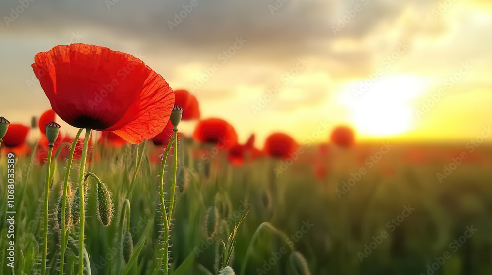 vibrant field of red poppies illuminated by golden hour light, creating serene and picturesque landscape. flowers stand tall against beautiful sunset backdrop vibrant field of red poppies illuminated by golden hour light, creating serene and picturesque landscape. flowers stand tall against beautiful sunset backdrop