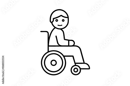 Child in wheelchair line art vector illustration on white background.