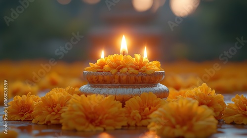 Decorative oil lamps and marigold flowers glowing on a bright yellow background, ideal for cultural festival celebrations like Diwali or Onam. photo