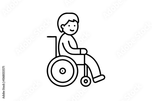 Child in wheelchair line art vector illustration on white background.