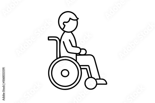 Child in wheelchair line art vector illustration on white background.