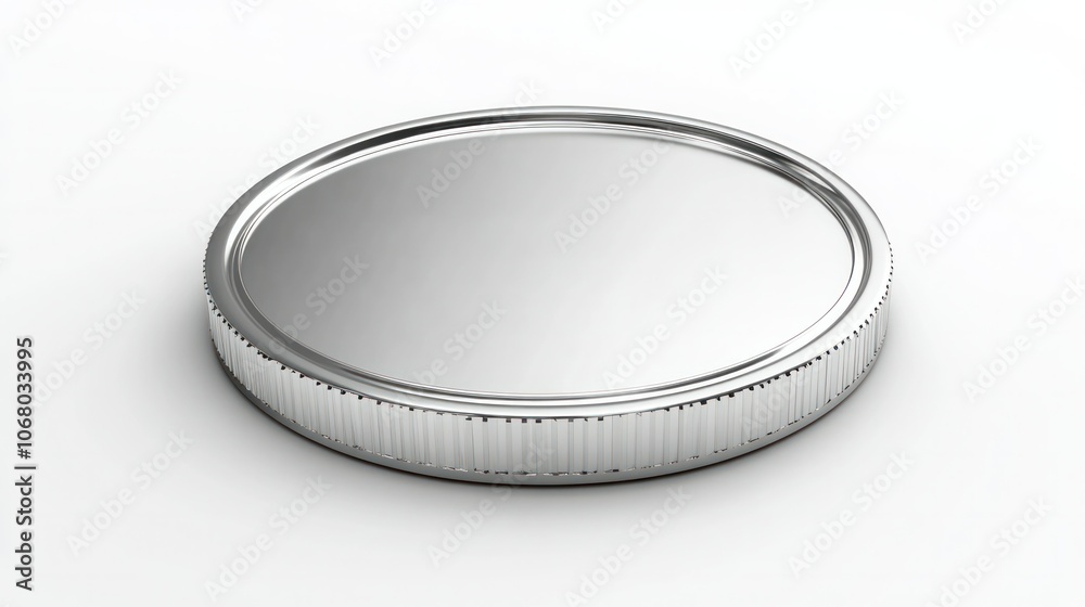 Sleek silver coin in top view, rendered in 3D with a high-shine, metallic finish, isolated on a white background. Sleek silver coin in top view, rendered in 3D with a high-shine, metallic finish, isolated on a white background.