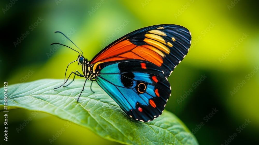 Fototapeta premium 61.A close-up of a butterfly with vivid, colorful wings gently resting on a bright green leaf. The intricate patterns on its wings display a blend of vibrant oranges, blues, and blacks, with delicate