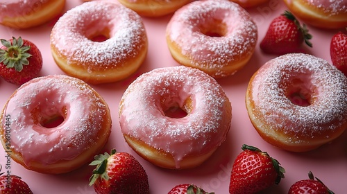 Donuts with icing and fresh strawberries, set on a pastel pink background, sprinkled with sweet and colorful glazed doughnuts; a vertical flat lay concept that portrays a playful food scene.