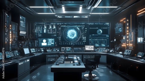 Futuristic Command Center Interior with Multiple Monitors Displaying Data