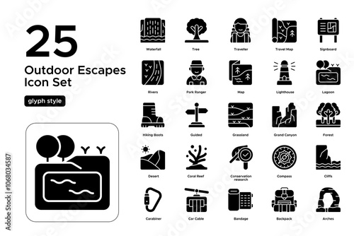 Outdoor Escapes Glyph Icon Set: Nature Preserves, Hiking Spots, and Adventure Parks Icons