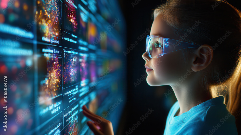 girl examines digital display with colorful visuals, showcasing curiosity and wonder. Her glasses reflect vibrant lights around her, creating captivating scene